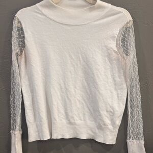White Knit Sweater with Sheer Mesh Long Sleeves